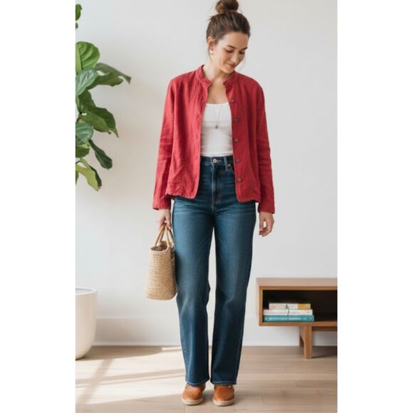 Chico's Jackets & Blazers - Chico's Red Linen‎ Jacket Button Up Size Large (2)